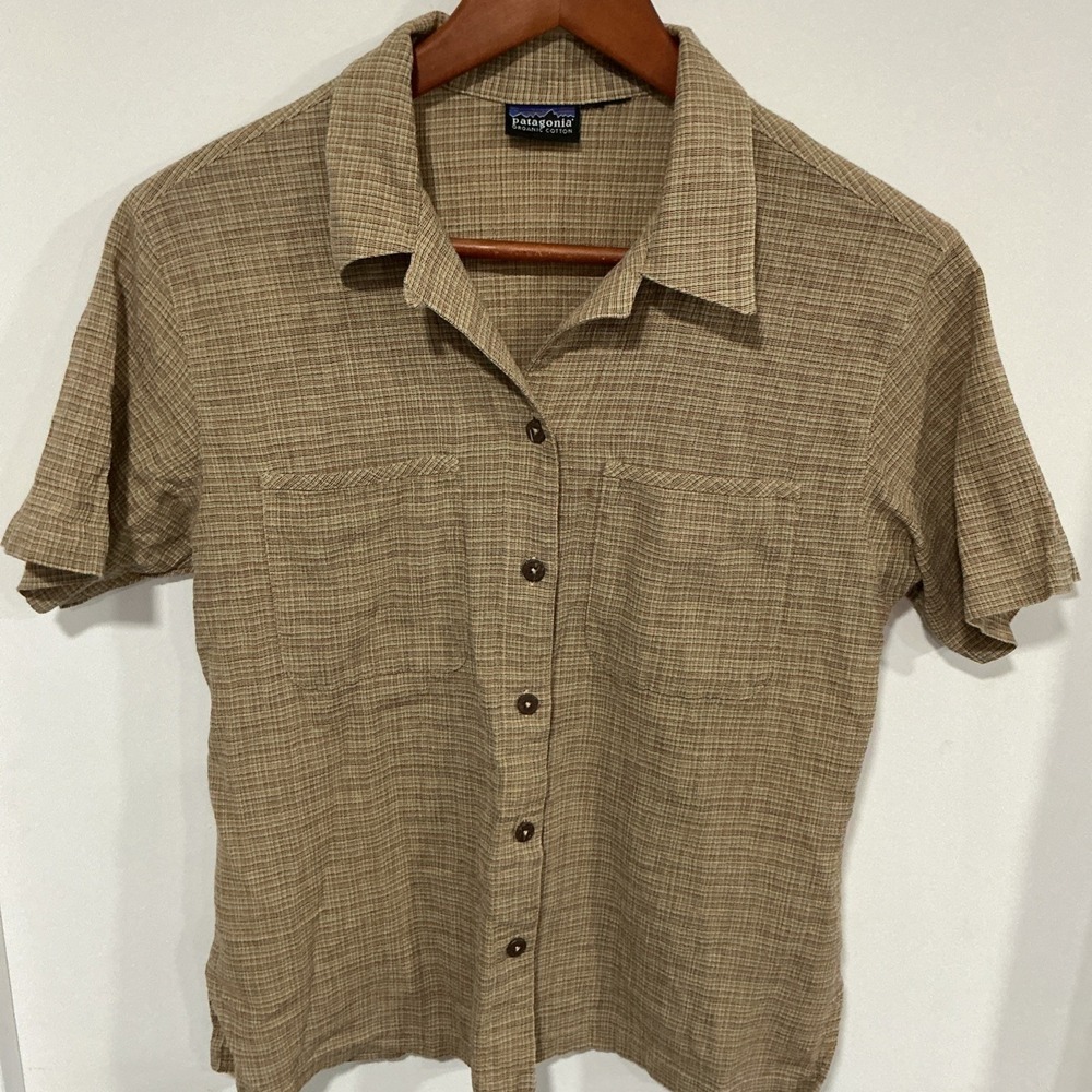 Vintage 90's Tan Patagonia Cotton Button Up Short Sleeve Camp Shirt, S, Granola
